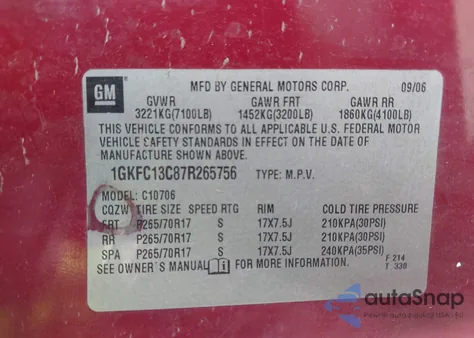 2007 GMC Yukon Sle z USA, uszkodzony, nr VIN 1GKFC13C87R265756